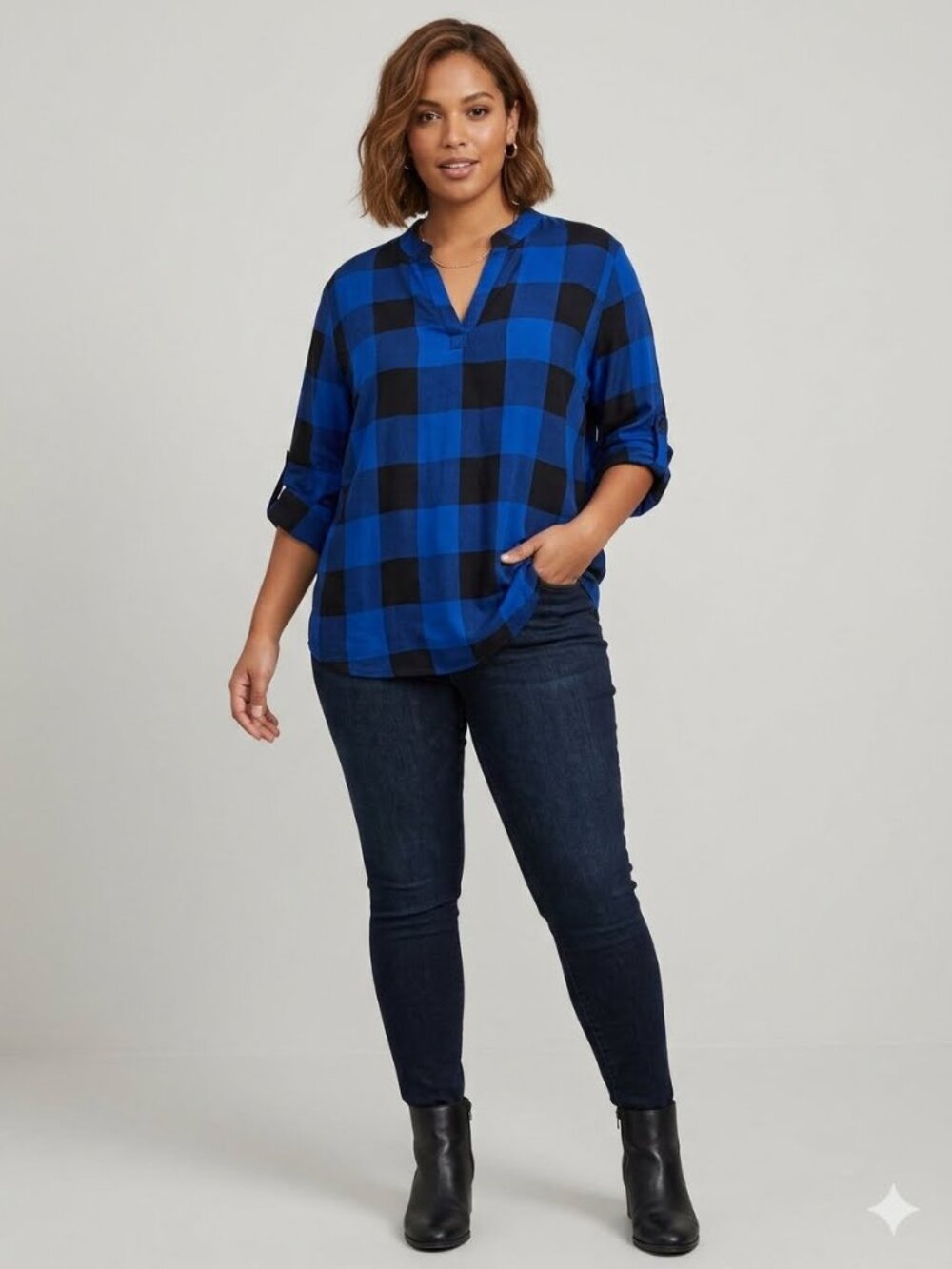 Size L Blue Black Buffalo Plaid Roll Sleeve Tunic Top